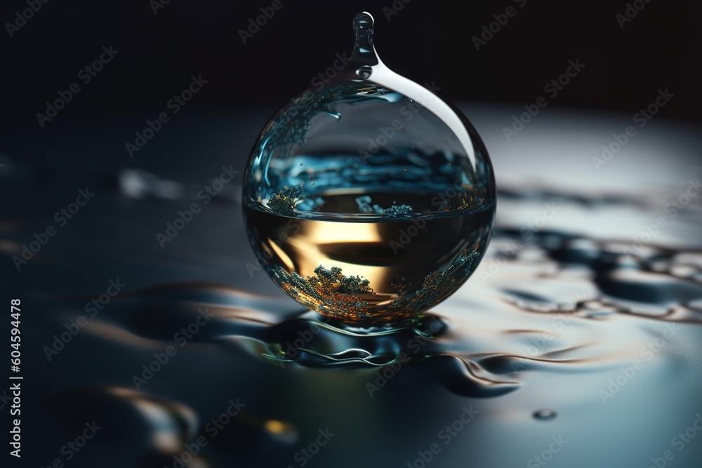 Poster a drop of water that is perched on the surface of a table Generative AI