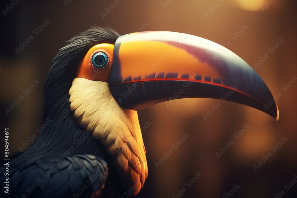 Poster an up-close photograph of a toucan bird, with a hazy backdrop generative ai