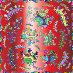 Seamless pattern with interesting doodles on colorfil background. Raster illustration.