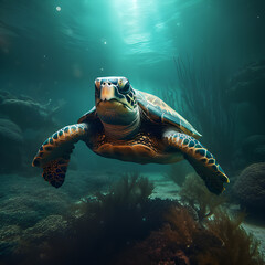 large old turtle diving underwater in green blue azure water ocean facing the camera 