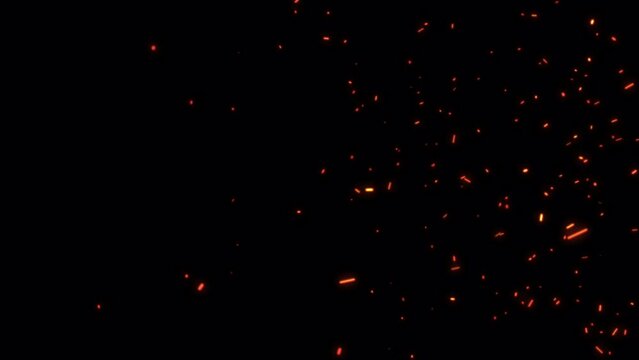Abstract seamless loop glow fire particles ash sparks rising up with transparent alpha channel can be used for overlay your project. 4K 3D chaotic motion of fiery orange glowing flying ember burning a