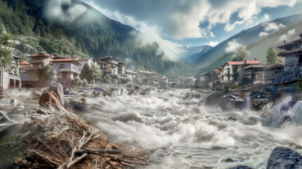 Fototapeta premium Climate Change Floods River Courses Overflow their Banks and Flood a Small Italian or Austrian Town Generative AI Wallpaper Background Illustration Digital Art