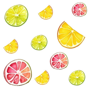Vector seamless pattern with citrus fruits in a watercolor style, on a plain white background.
