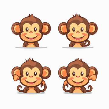 Funny monkey minimalist stickers in logo, icon style, 2D illustration in doodle, cartoon style. 