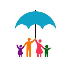 table of happy family under umbrella.insurance idea concept