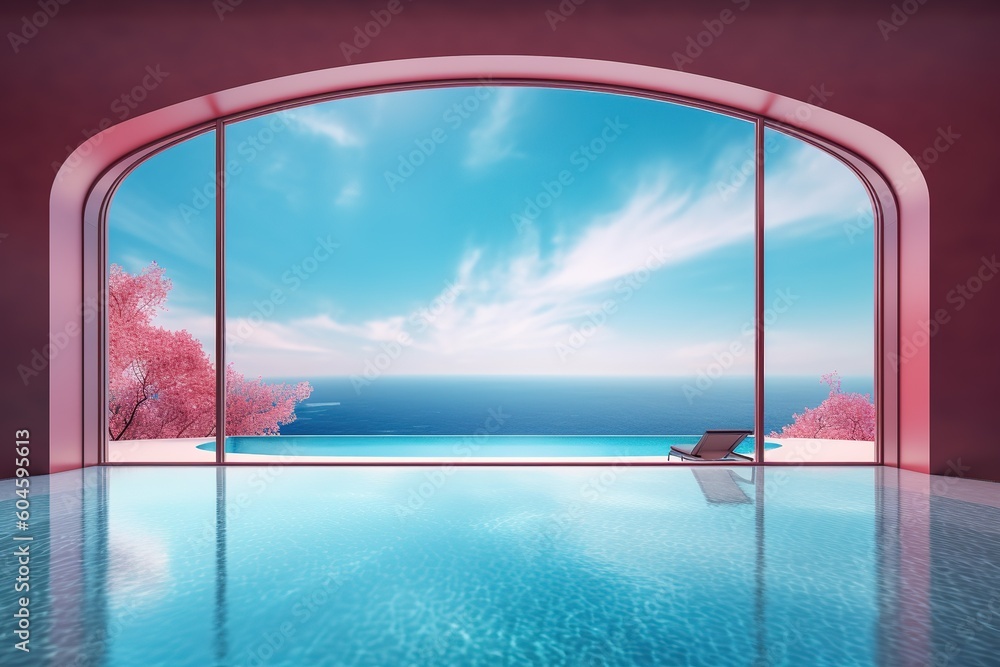 Poster a swimming pool with a panoramic view of the sea generative ai