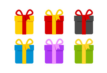 Set of colorful gifts for celebration concepts. Minimalist graphic gift boxes. Vector illustration on a white background.