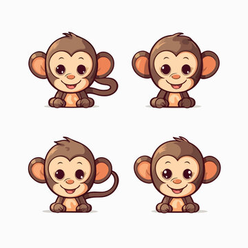 Funny monkey minimalist stickers in logo, icon style, 2D illustration in doodle, cartoon style. 