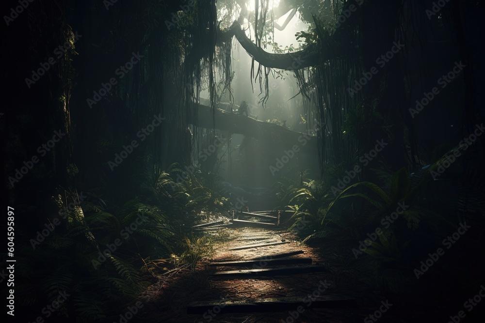 Aufkleber a trail that runs through the heart of a dense forest generative ai