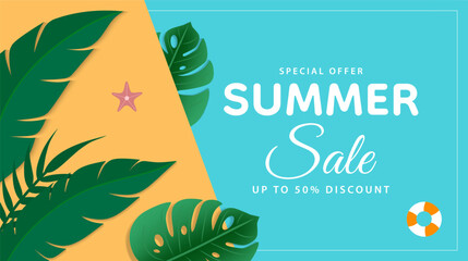 Summer sale banner design with tropical leaves. Promotional poster, discount voucher, advertisement, social media ad template. Vector illustration