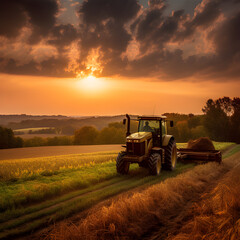 tractor in the countryside in a field harvesting straw