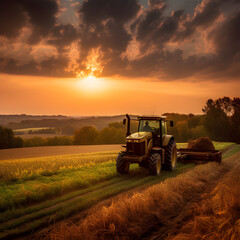 Fototapeta premium tractor in the countryside in a field harvesting straw