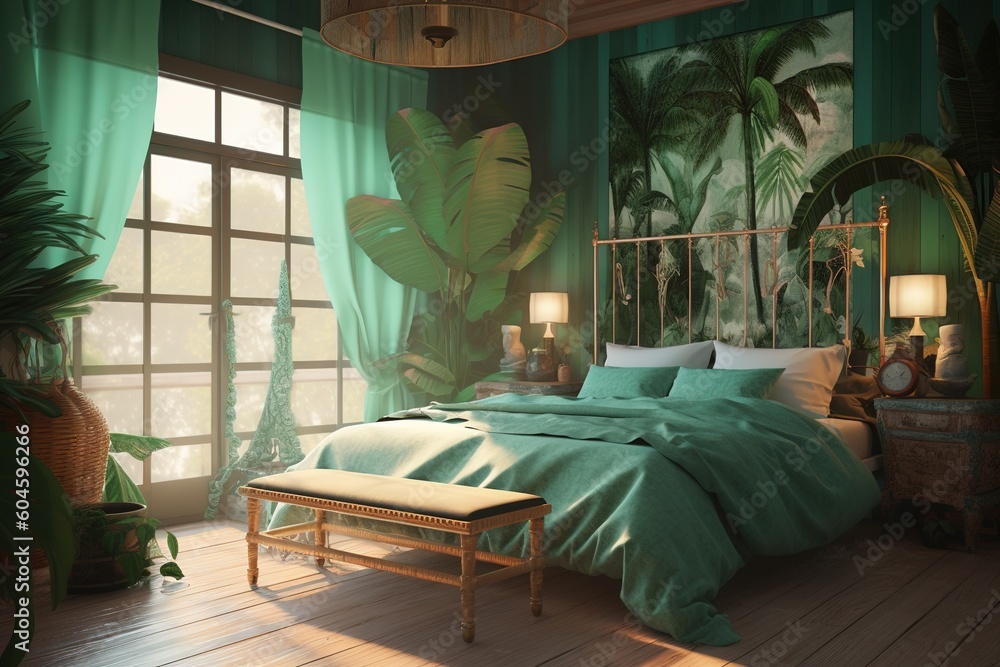 Poster a room that has a bed and a window covered with green drapes generative ai