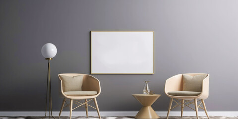 Mock-up frame on a light gray background, modern design, upholstered furniture and green plants.  Generative AI.