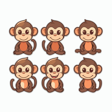 Funny monkey minimalist stickers in logo, icon style, 2D illustration in doodle, cartoon style. 