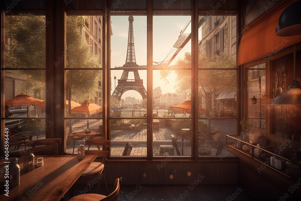 Poster a window with a view of the eiffel tower through it. generative ai