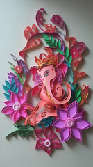 Generative AI, illustrations, Traditional Indian festival of Ganesh Chaturthi, paper cut style flowers