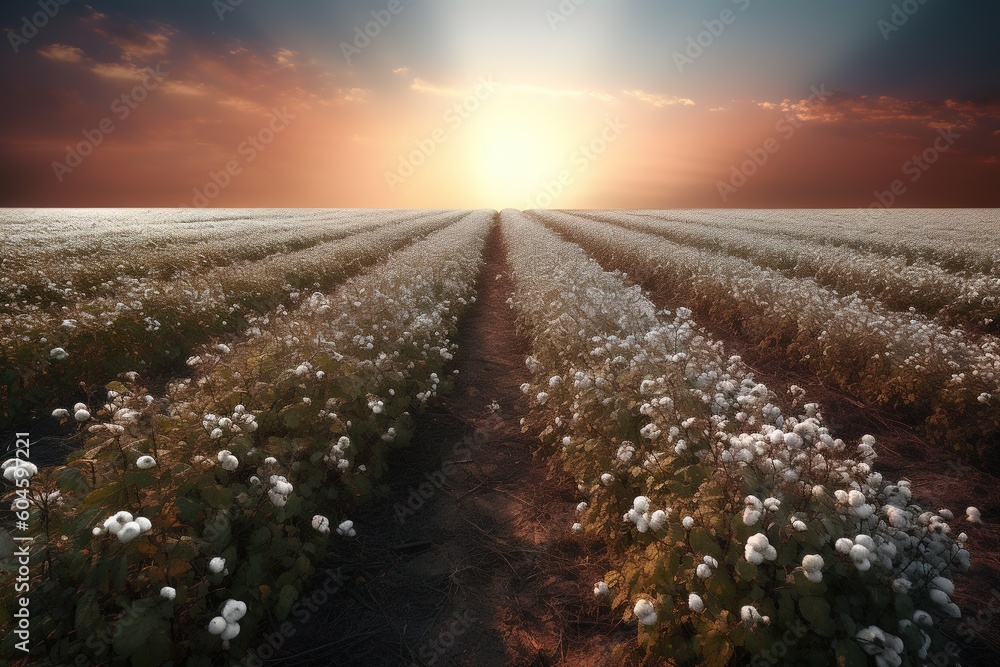 Poster a panorama of a flower-filled meadow with the setting sun in the backdrop generative ai