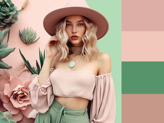 Country style dressed young woman. Fashion collage with trendy colors palette. Shades of pale pink and emerald green. Generative AI, 