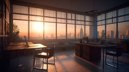 Spacious office interior with city skyline view, suitable for business discussions. Created by AI for authenticity