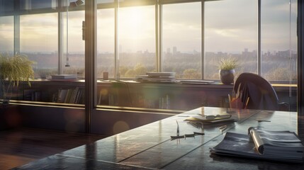Well-lit office room with large windows, offering a spectacular city view. Created by AI