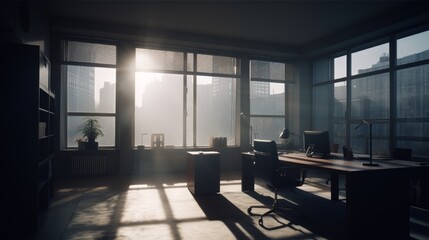 Urban office interior, city skyline in background, perfect for business settings. Created by AI