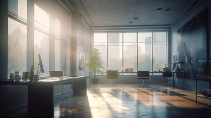 Modern, airy office with a panoramic city view, perfect for business tasks. Created by AI