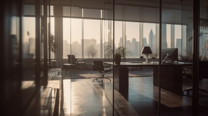 Fototapeta premium High-rise office, modern design, panoramic city view, suited for corporate meetings. Created by AI