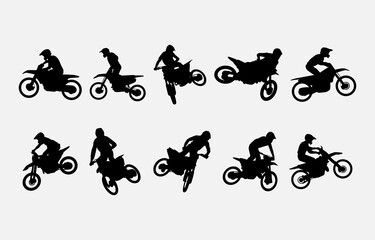set of silhouettes of motocross riders with different poses, moves, styles. isolated on white background. graphic vector illustration.