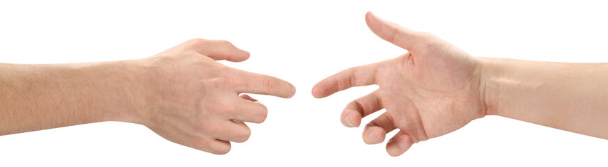 Hands stretching towards each other, cut out