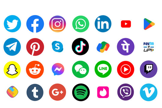 Social Media Apps Icon Set.Twitter, Instagram, Facebook ,WhatsApp,LinkedIn,YouTube, Twitter,Telegram,Google,Plus,Reddit,Play Store,Vimeo App Logo Vector Svg Icon Collection Chart Download Transparent 