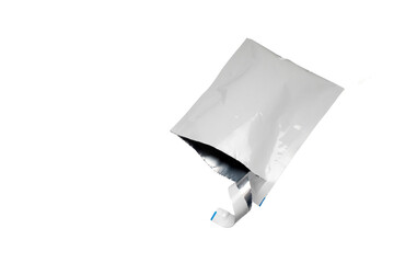 Open white sachet, ripped disposable blank sachet packaging