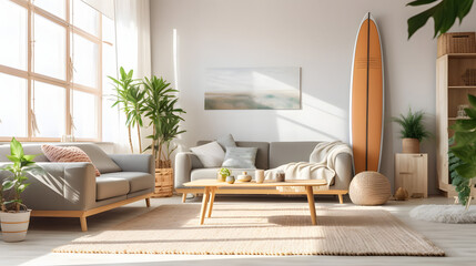 Interior of light living room with surfboard, houseplants and sofas