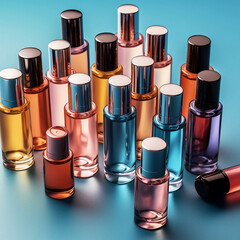 Obraz premium Colorful Perfume or oil Sample bottles in the bulk image. Created with generative AI technology.