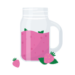 Strawberry or berry cocktail. Summer refreshing cocktail in a jar with fresh strawberries. Flat vector illustration