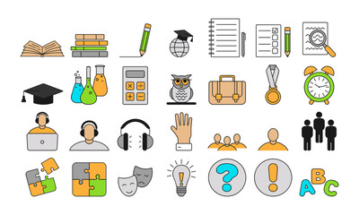 Set of 28 Line Color Flat Style Icons of Education, E-learning, School, Academy. Vector