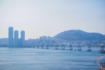 View of sea and bridge at Huinnyeoul Culture Village in Busan, Korea