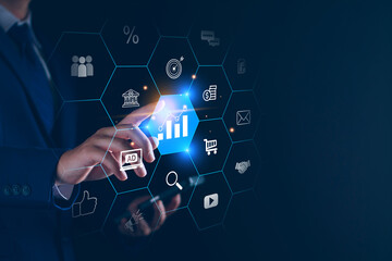 Digital marketing business strategy. Businessman planning future marketing, analyzing customer popularity data, new online advertising, smart trading investment, leadership vision, modern technology