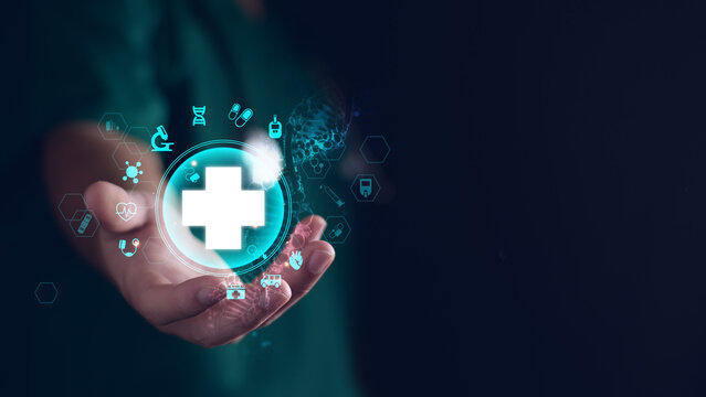 Digital healthcare, Doctor and Ui icon medical on network, Science and medical service technology revolutionized health care, providing fast and easy access for patients, Future of healthcare.