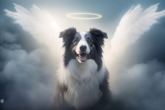 a happy border collie in heaven. Wings and halo. pet heaven, animal heaven. Canis lupus familiaris dog breed. Wings and halo.