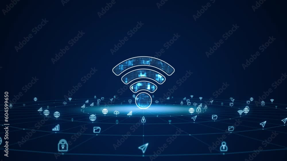 Poster motion graphic of blue digital wifi logo with futuristic technology ai icon and line connection with