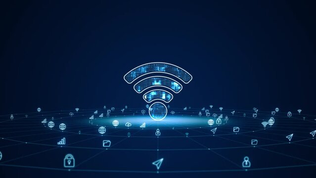 Motion graphic of Blue digital WIFI logo with futuristic technology ai icon and line connection with circle rotation on abstract background data transfer and Wireless Fidelity connection concepts