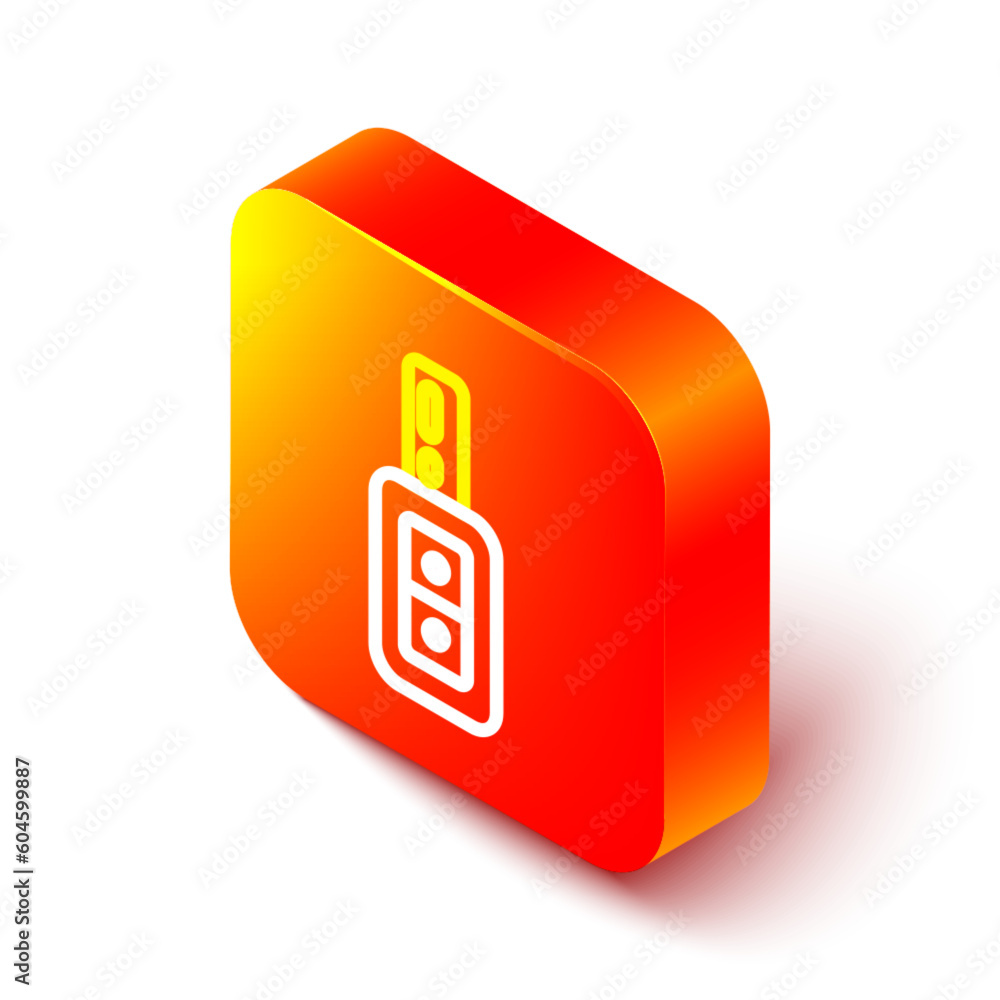 Poster isometric line car key with remote icon isolated on white background. car key and alarm system. oran