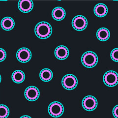 Line Car tire wheel icon isolated seamless pattern on black background. Vector