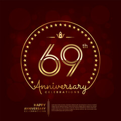 69th anniversary logo with double line number and golden text for birthday celebration event, invitation, banner poster, flyer, and greeting card, vector template