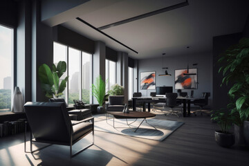 Elegance and Functionality: Panoramic Window in a Grey Office Interior with Waiting and Conference Areas. Generative Ai