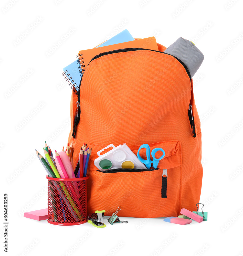 Canvas Prints Stylish backpack with school stationery on white background