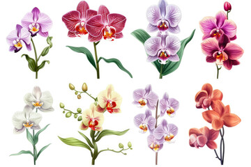 Fototapeta na wymiar Elegant Orchids: A Set of Exquisite Illustrations on a White Background. Generative Ai