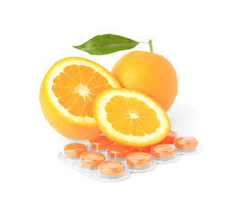 Fresh oranges and blister with cough drops isolated on white