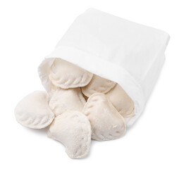 Fototapeta na wymiar Paper bag of raw dumplings (varenyky) with tasty filling on white background